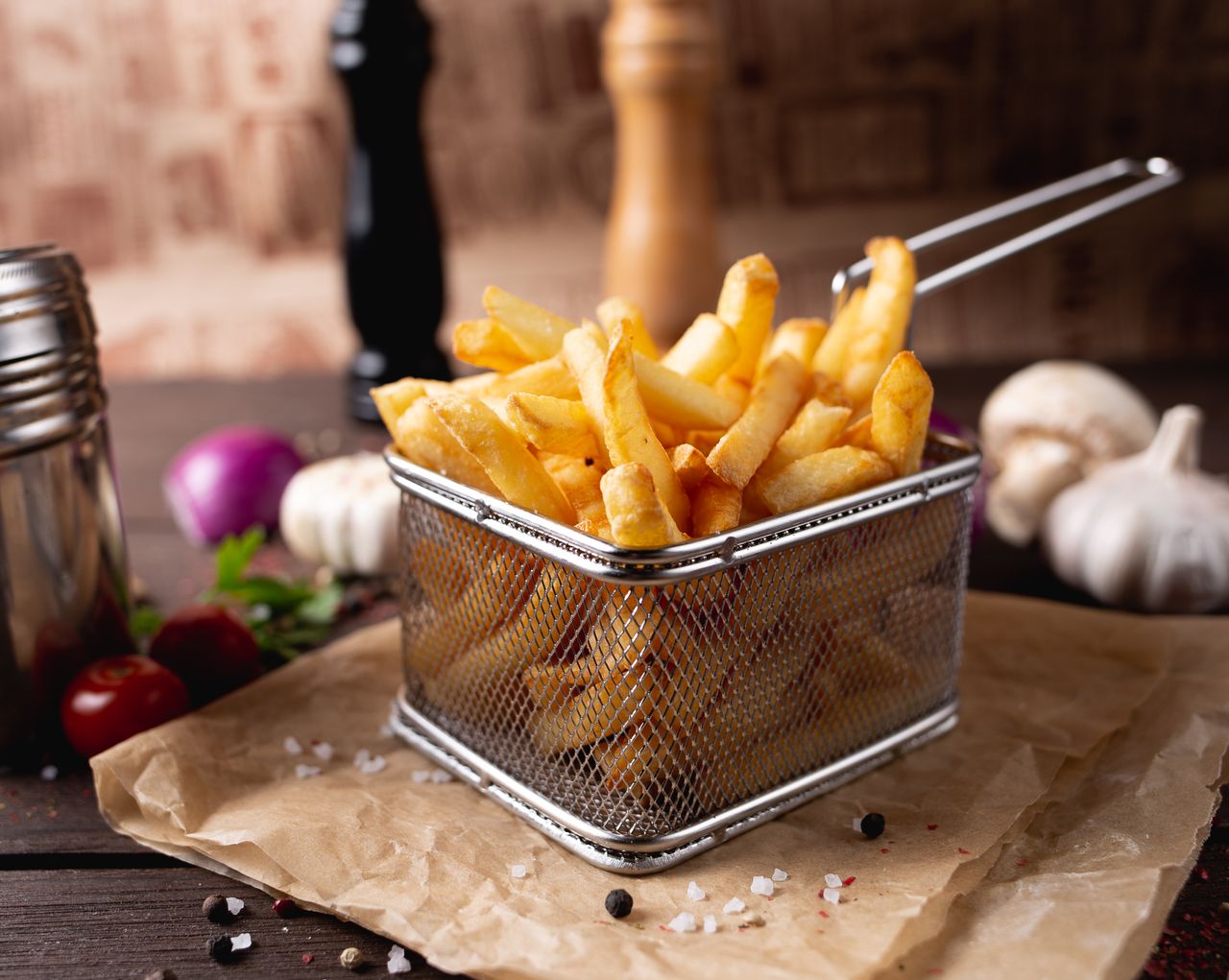 about-us Composition of appetizing fresh french fries in steel basket placed on table amidst garlic and mushrooms